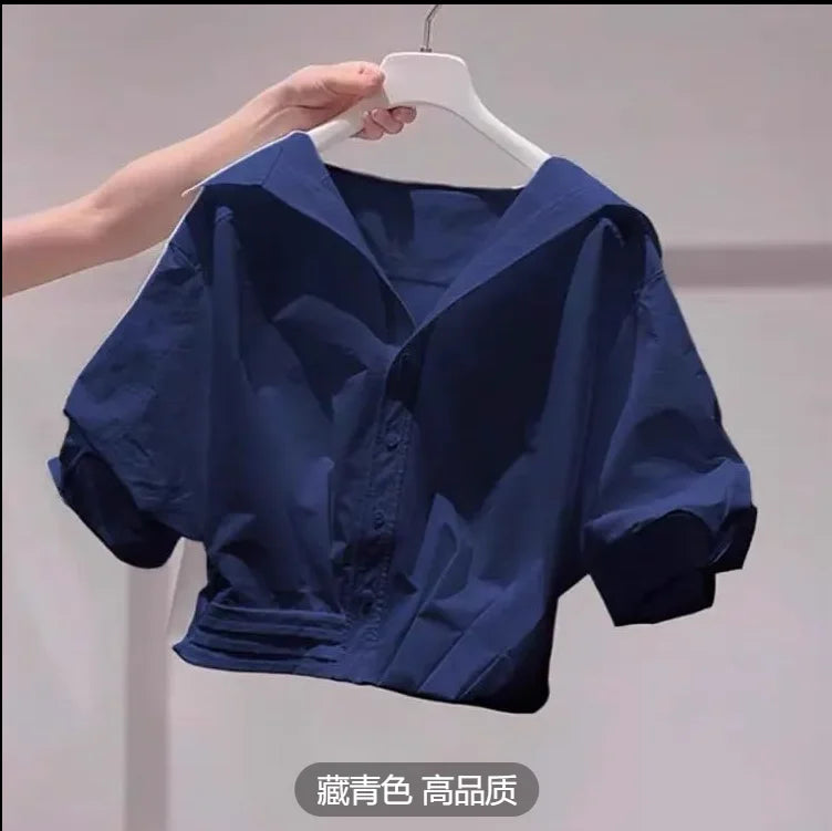 Lapel Bubble Sleeve Shirt Women Loose Fit Cropped Top Female blouse