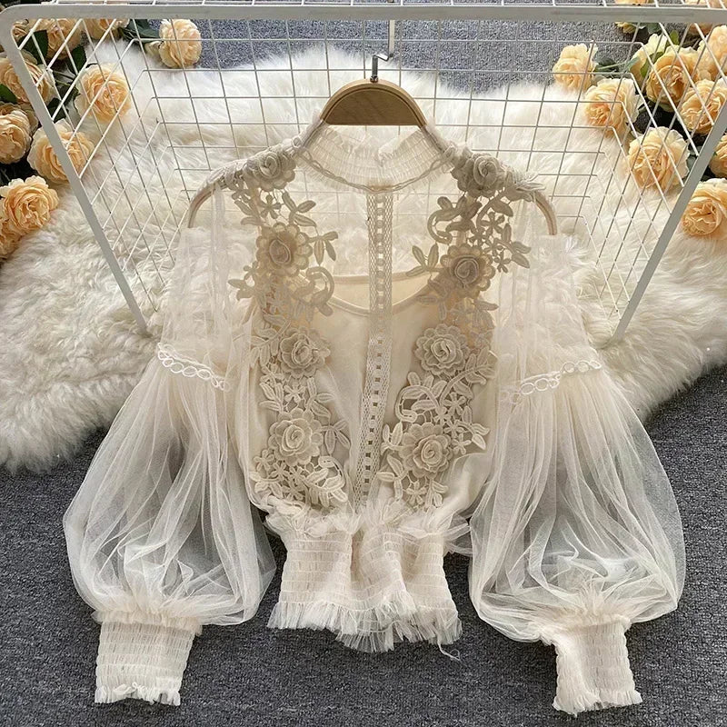 Lace Puff Long Sleeve Blouse Vintage Fashion Blouses Elegant Femme