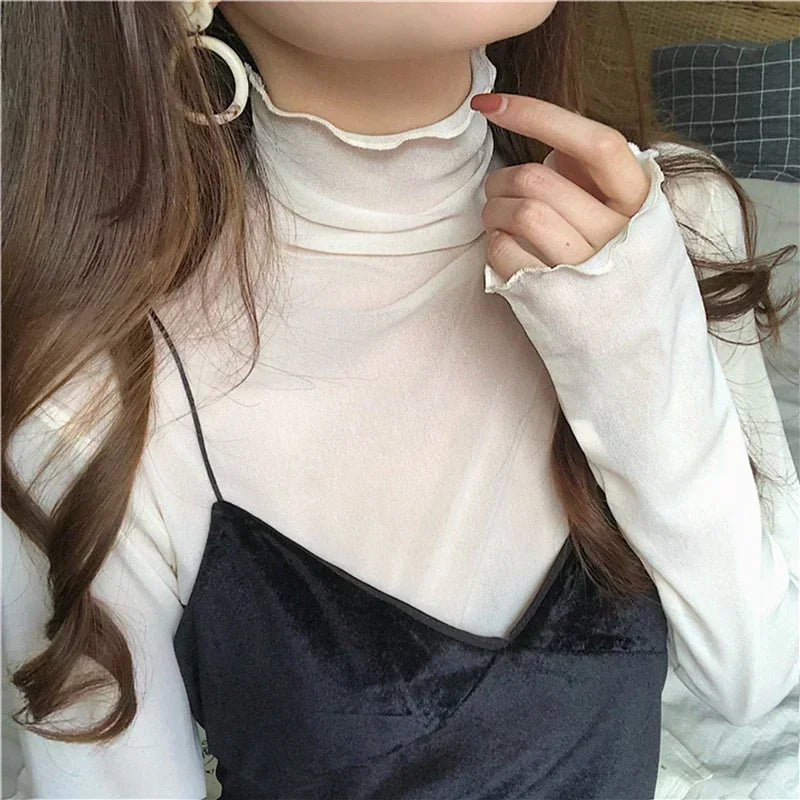 Mesh Long Sleeve  T-Shirt Women Turtleneck Vintage Office Lady Tshirts