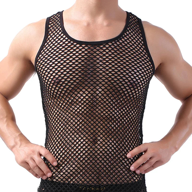 Fashion Tank Tops For Men Hollow Out Undershirt Mesh Breathable