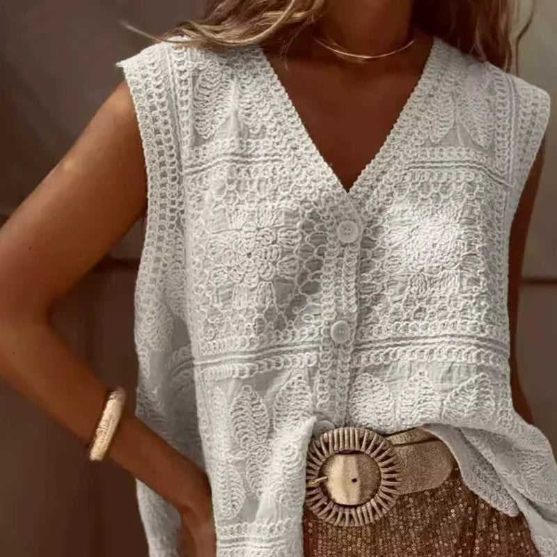 Summer New Casual Vacation Loose Button Tops Chic Texture Hollow Out