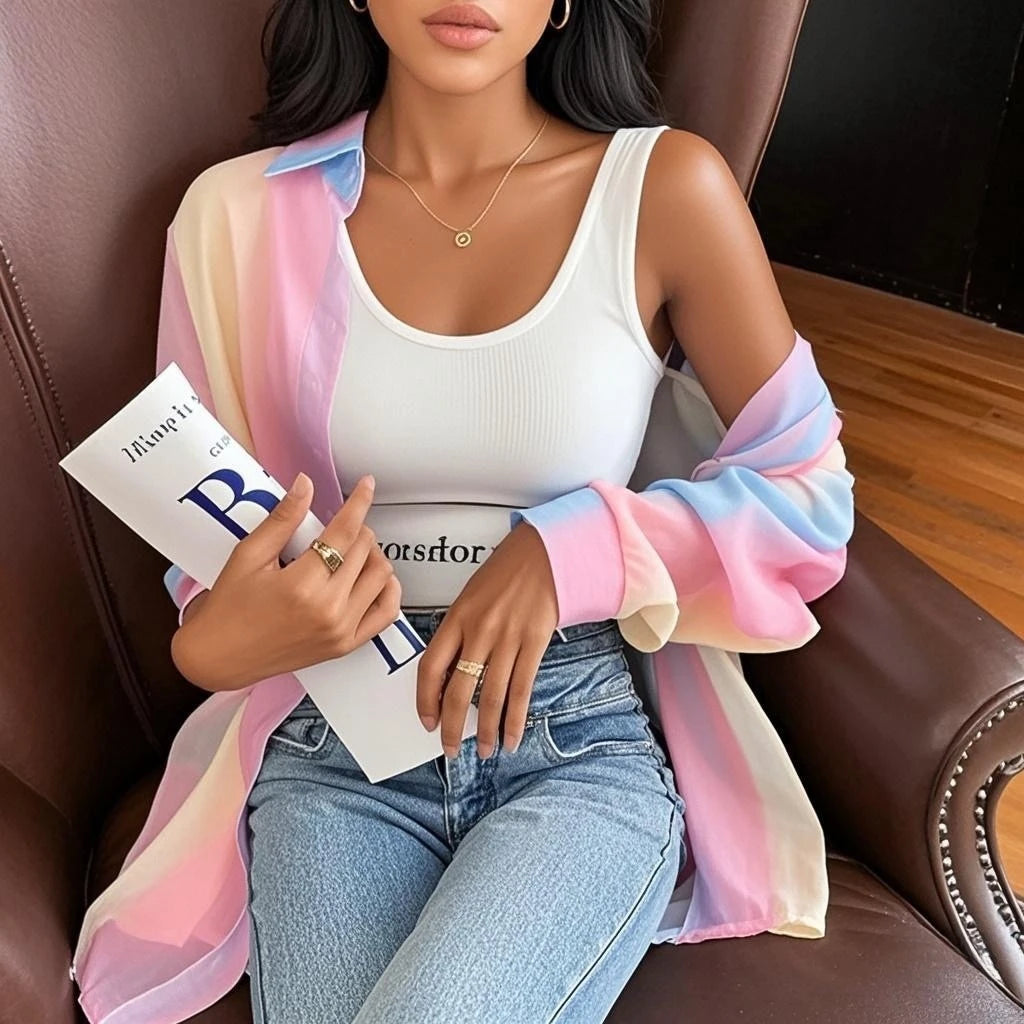 See-through Irregular Gradient Rainbow Long Sleeved Shirt And Blouses