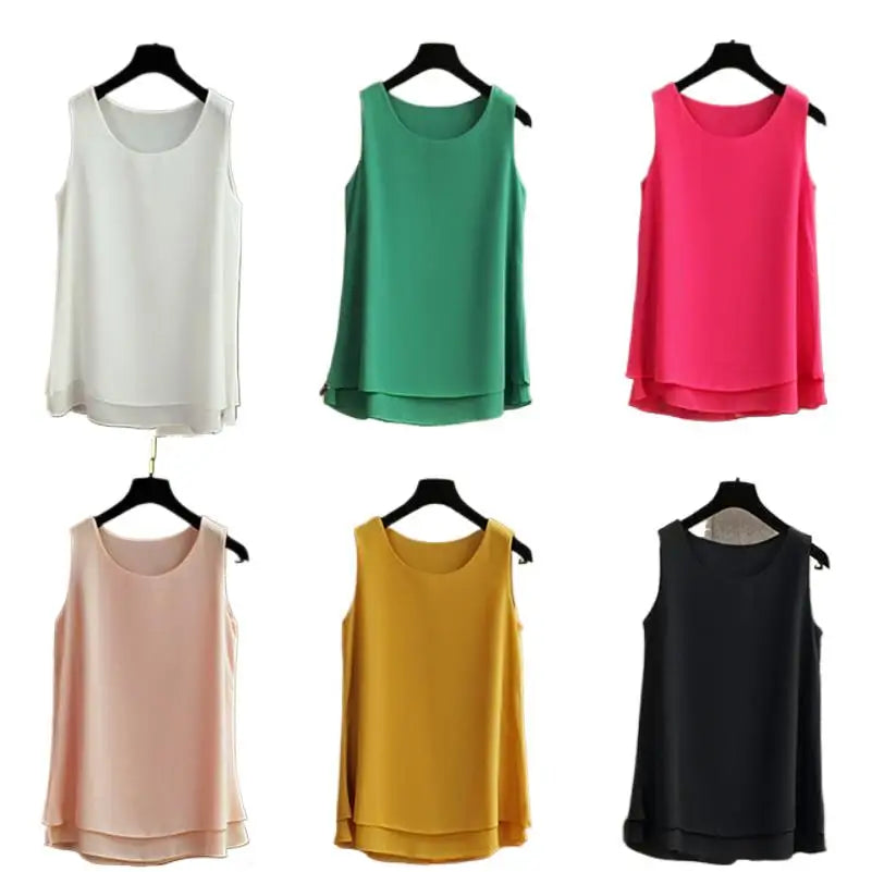 Women Tank Top White Blue Red Chiffon Summer O Neck Sleeveless Tops
