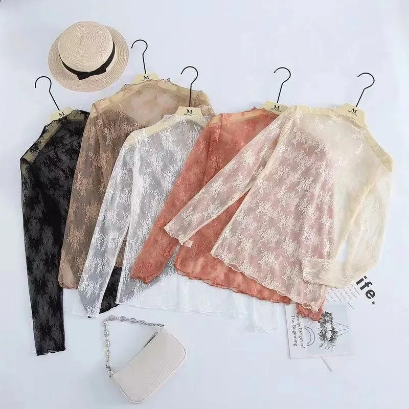 New Women Floral Lace Shirt Spring Autumn Long Sleeve Sexy Mesh