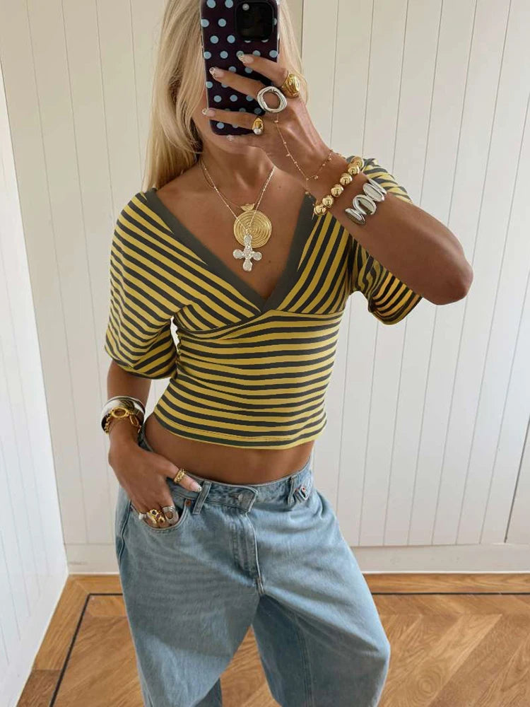 Kliou Striped Patchwork T-Shirts Women Summer Trend V-Neck Short