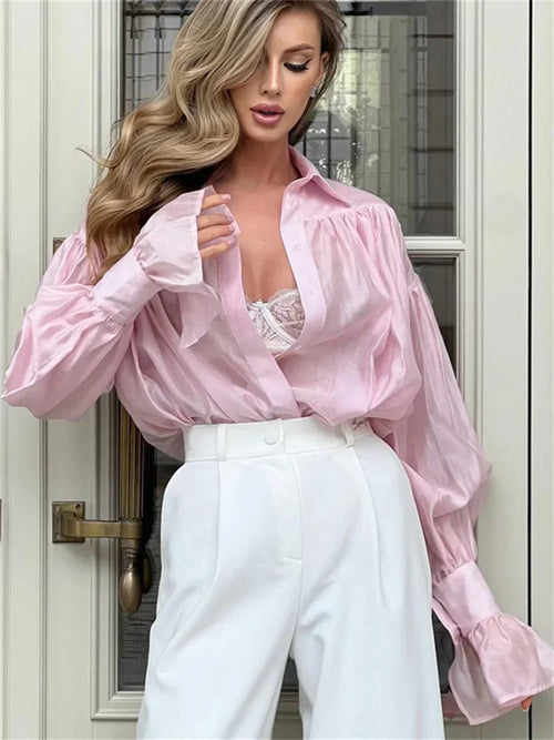 Tossy Casual Loose See-Through Shirts Women's Autumn Lapel Long Sleeve