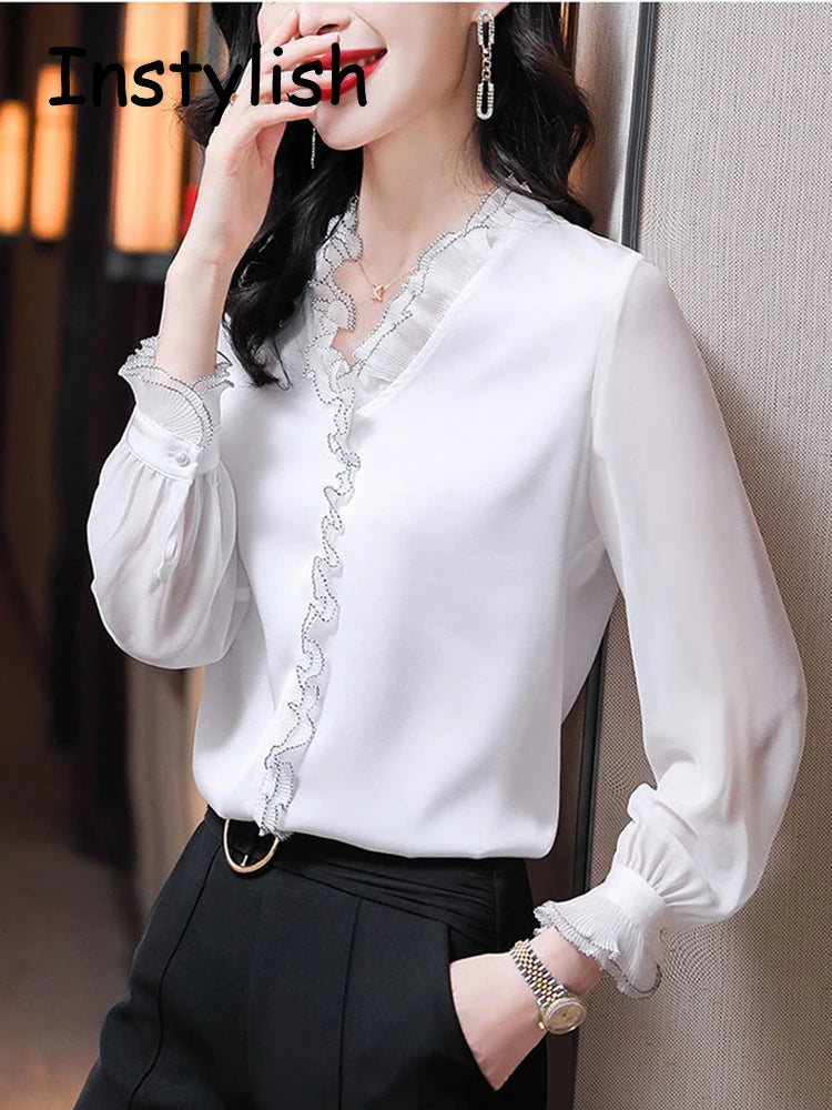 Elegant Women Chiffon Shirt Korean Blouse Office Lace Mesh Long Sleeve