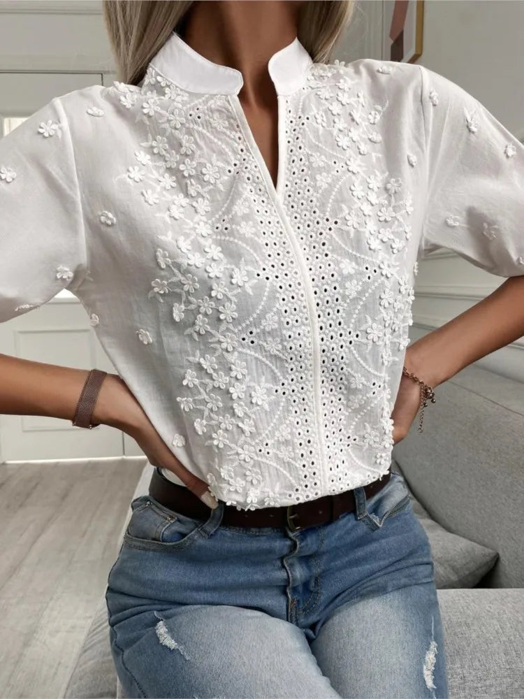 Summer Women's White Top Blouse New Fashion Elegnat V Neck Short