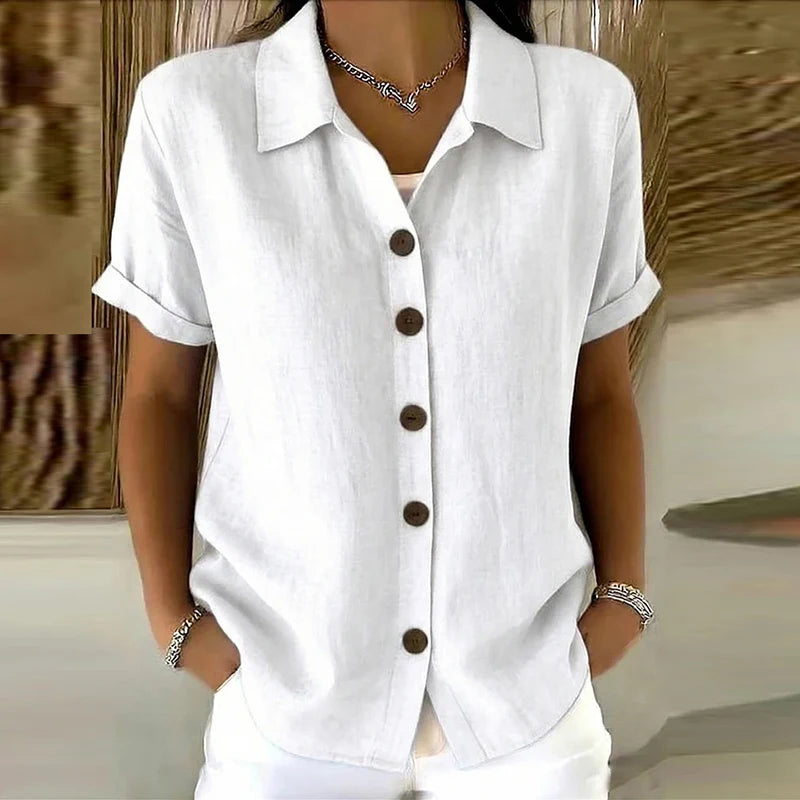 Women's Elegant Summer Cotton Linen Tops Short Sleeve Lapel Button Up