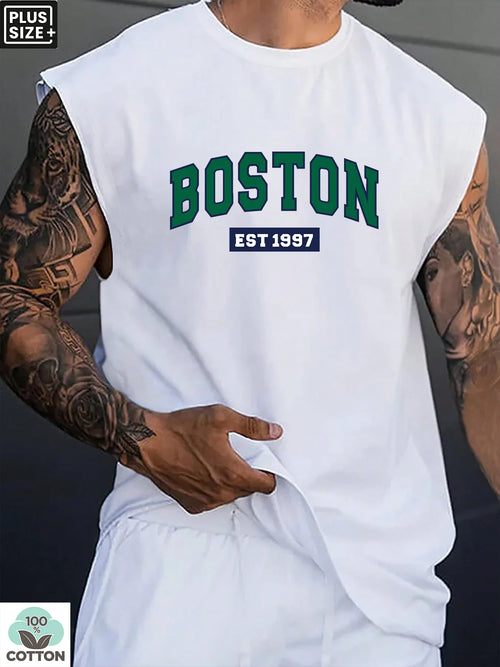 100 Cotton Men's Summer Fashion Casual Sports Loose Boston Est 1997