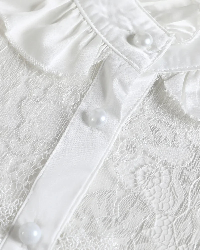 Women Lace Solid Color Casual Shirt White High Collar Mesh Lace
