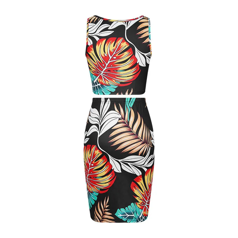 Print Slim Skirt Two Piece Set Women Sexy Low Cut Sleeveless Cropped