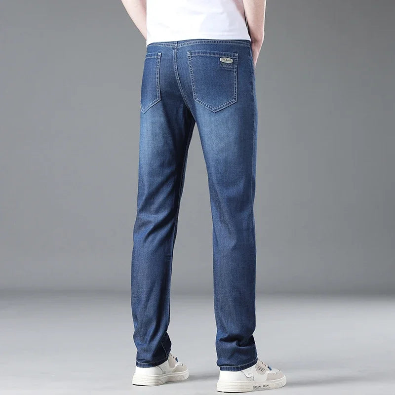 Men's Summer Thin Lyocell Jeans Soft Stretch Slim Straight Leg Denim
