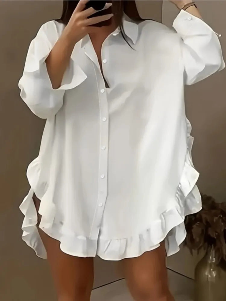 New Solid Mini Party Prom White Mini Dresses Women Falbala Lapel Long