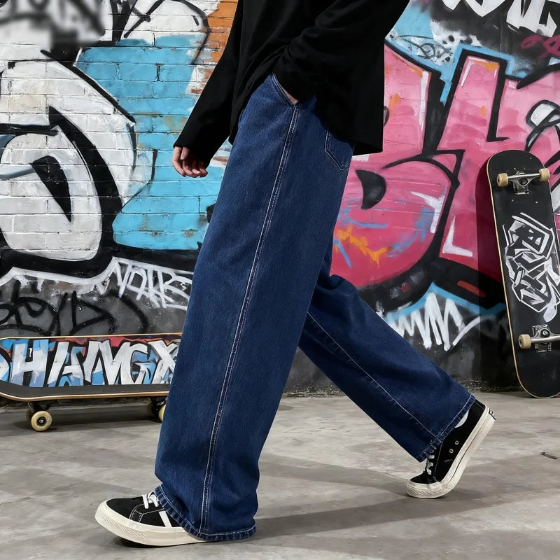Light Wash Men's Drawstring Jeans Loose Straight Leg Floor-Length