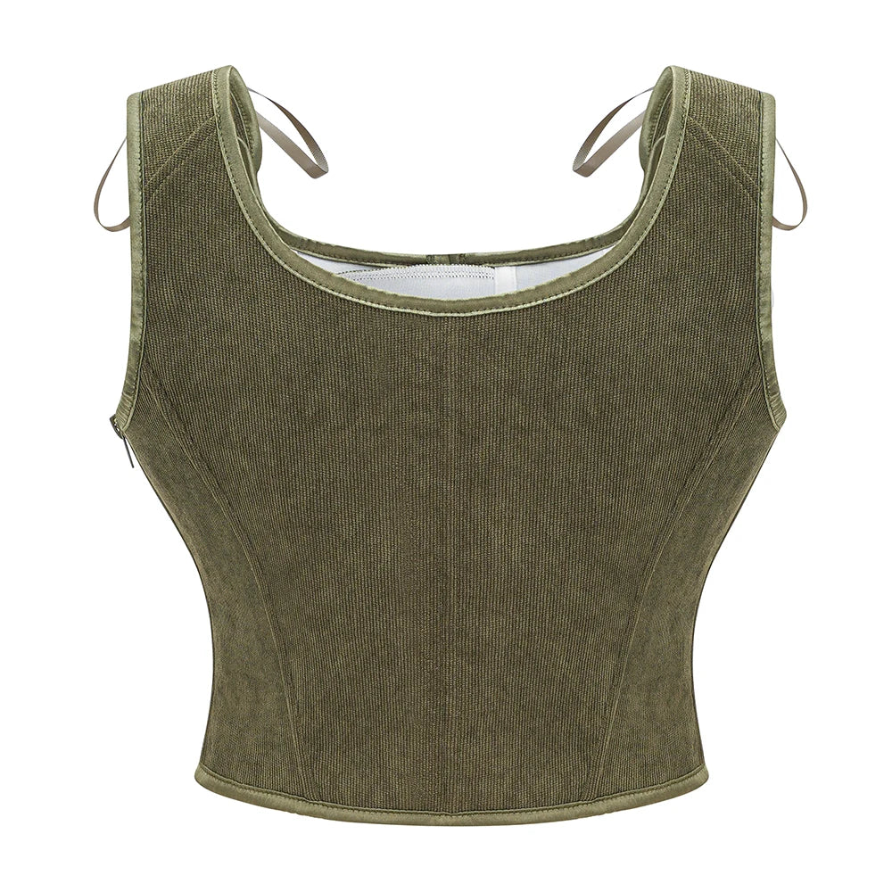 Army Green Victorian Vintage Vest Female Side Zipper& Front Lace Up