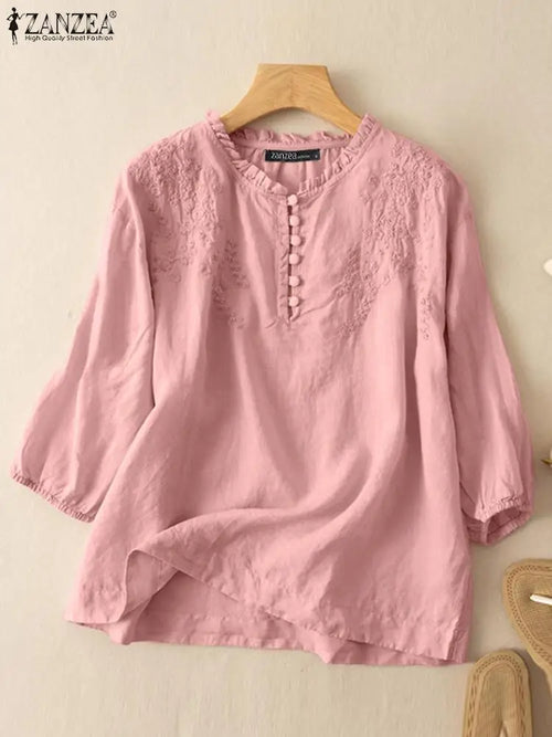 ZANZEA Summer Vintage Shirts Elegant OL Work Blouse Women 3/4 O Neck