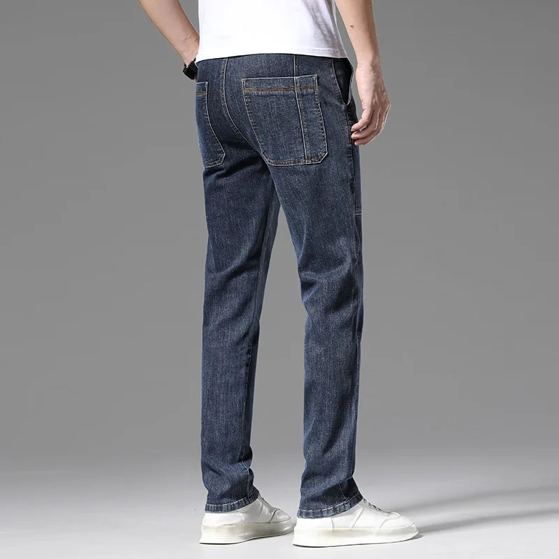 Spring Men's Elastic Jeans Straight Leg Workwear Wide Pockets