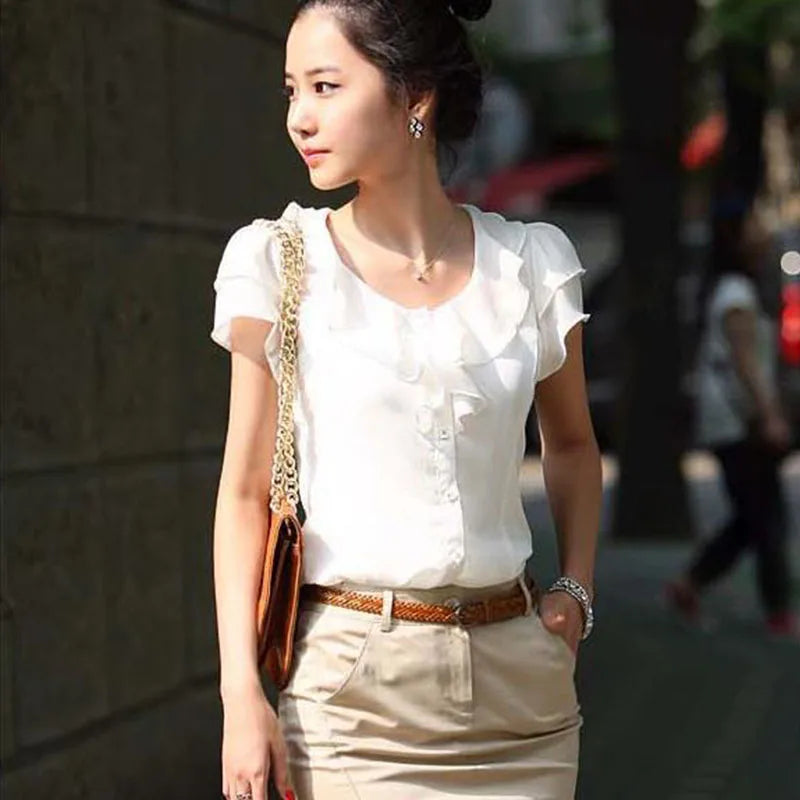 1pcs Woman Summer Korean Ruffled Shirt Lady Chiffon Lotus Leaf Sleeves