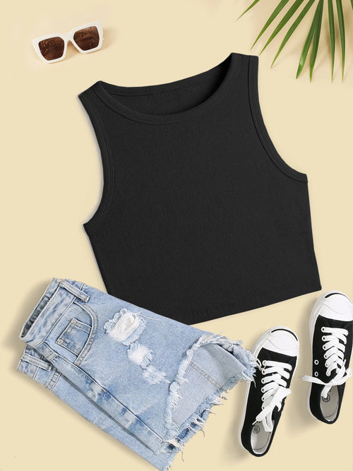 Solid Ribbed Crop Tank Top, Casual Crew Neck Sleeveless Tank Top For