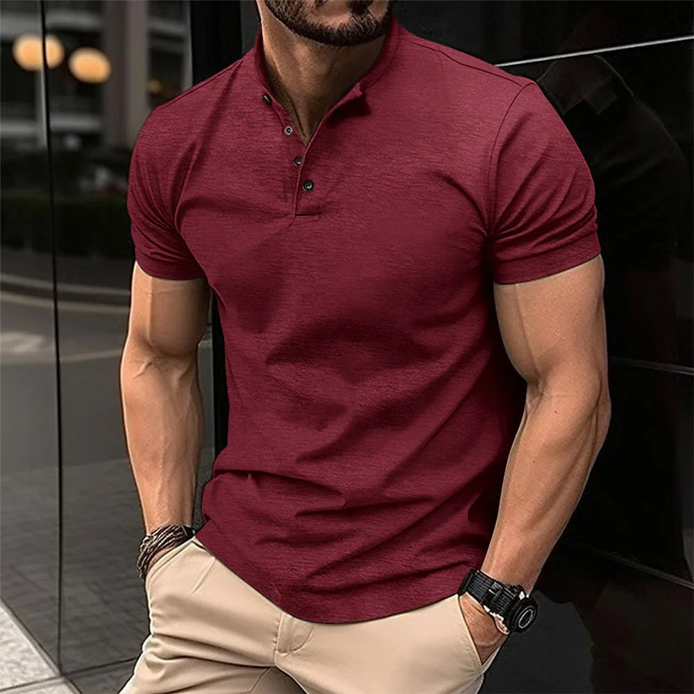 2026 New Summer Men Henley Collar T-shirts Button Slim Casual Male