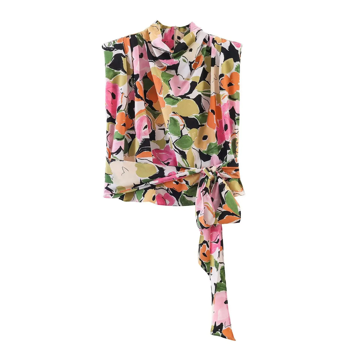 Women's Floral Print Padded Shoulder Blouse Female Chic Waist Lace-Up
