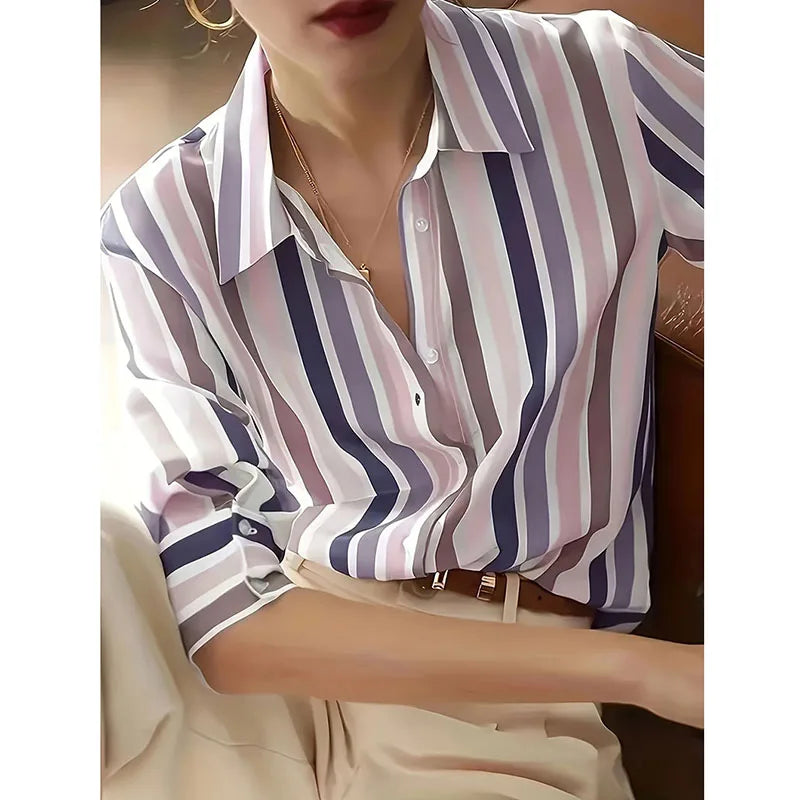 Elegant Chic Office Lady Turn Down Collar Shirt Simple Temperament