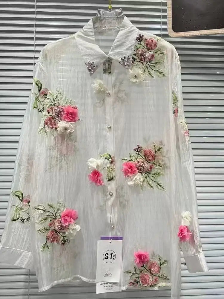 Luxury Design Summer Sparkle Diamonds Flowers Embroidery Party Shirts