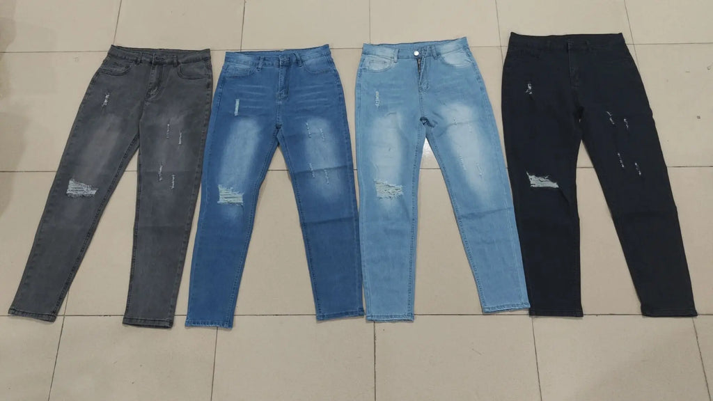Men's American Retro Hole-Punched Stretch Slim Fit Jeans Zipper Casual