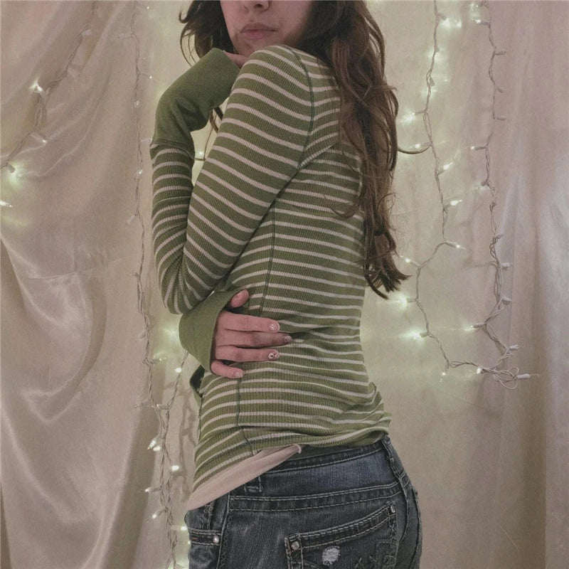 Stripe T Shirts for Women Button V Neck Long Sleeve Tops with Pocket