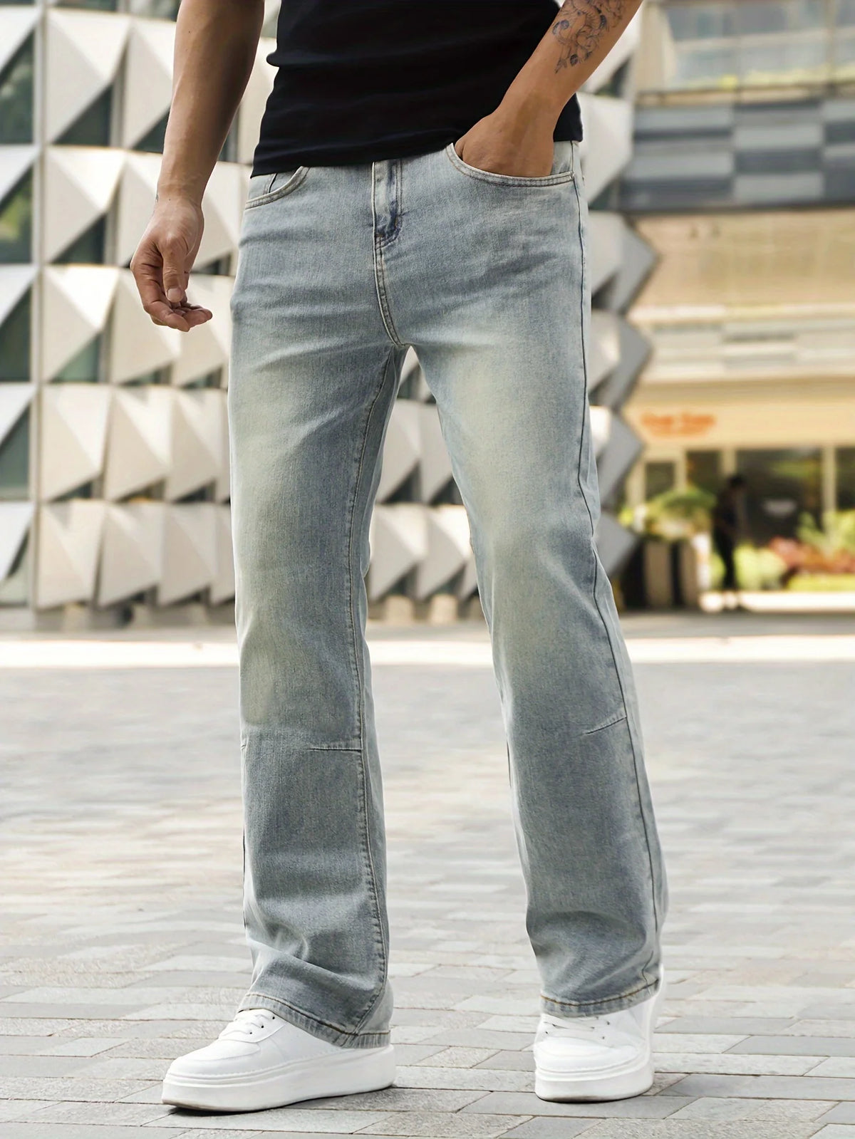 Men's Simple Design Slim Fit Bootcut Denim Pants Blue Stretch Elastane