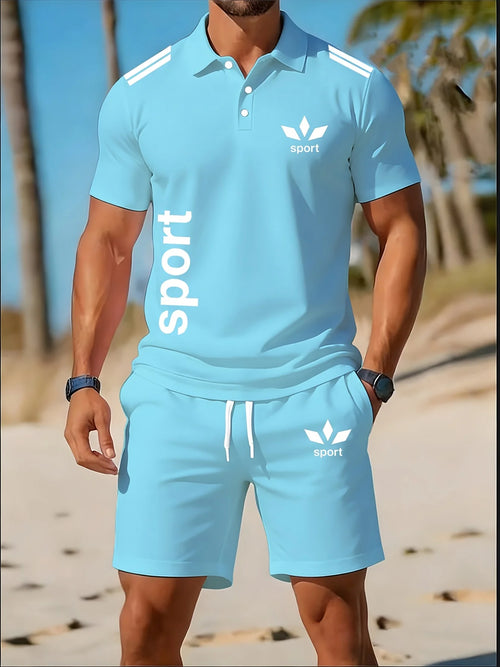 Men 2Pcs Set Short Sleeve Lapel Polo Shirt Drawstring Elastic Waist