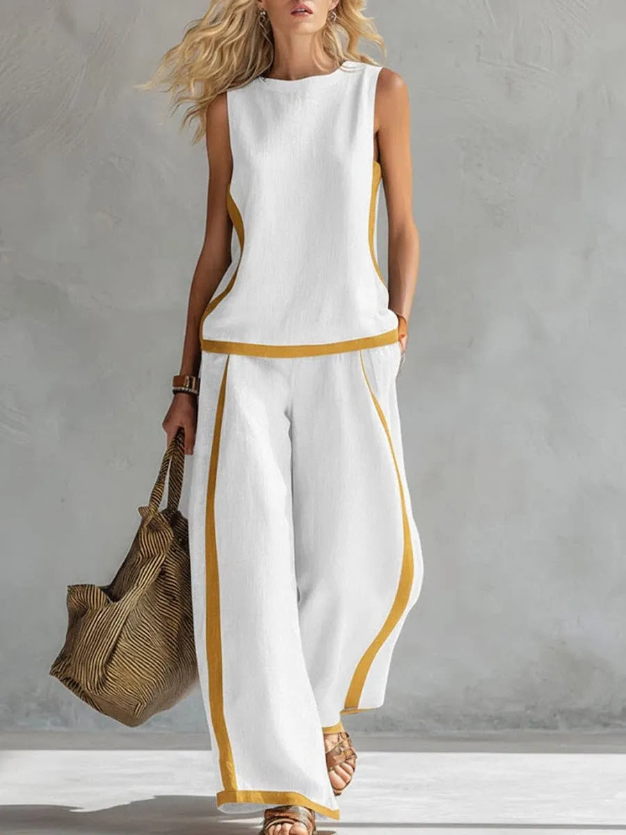 Simple Stripe Print Women's Suits Summer Fashion Sleeveless Loose