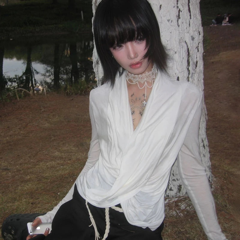 Karrram Japanese Y2k Cross Tops Trashy 2000s Style V-neck Long Sleeve