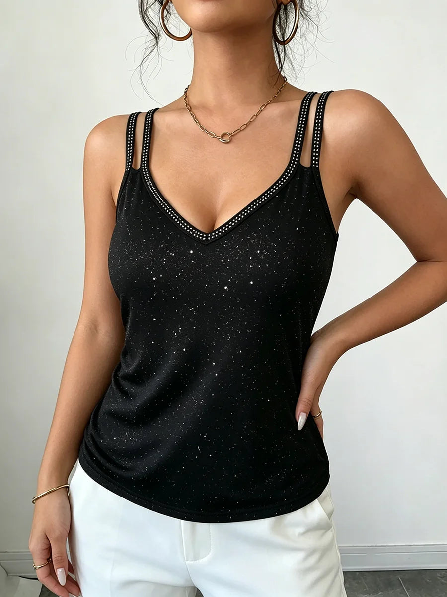 Womens Cami Top Dual Strap Glitter Vneck Cami Tee Rhinestone Tank Top