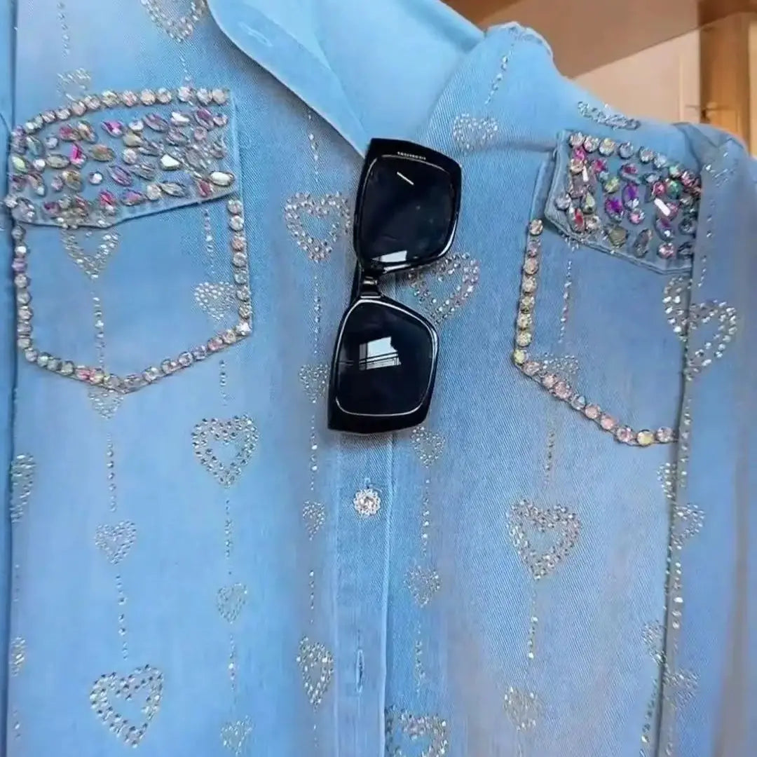 New In 2025 Autumn Trend Fashionable Diamonds Denim Shirts and Blouses