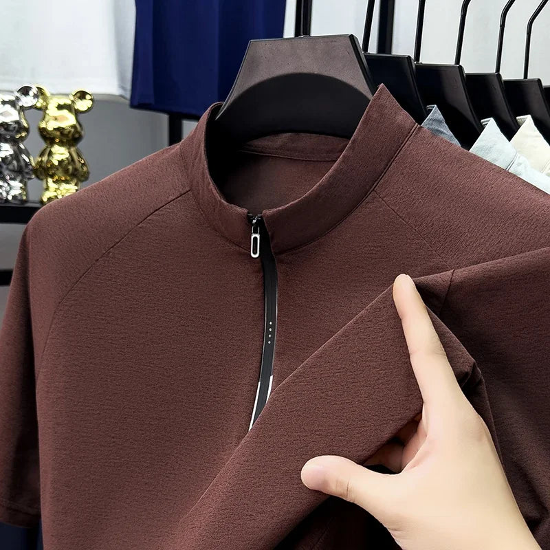 Mens Heather Melange Raglan Half Zip Mandarin Stand Collar Short