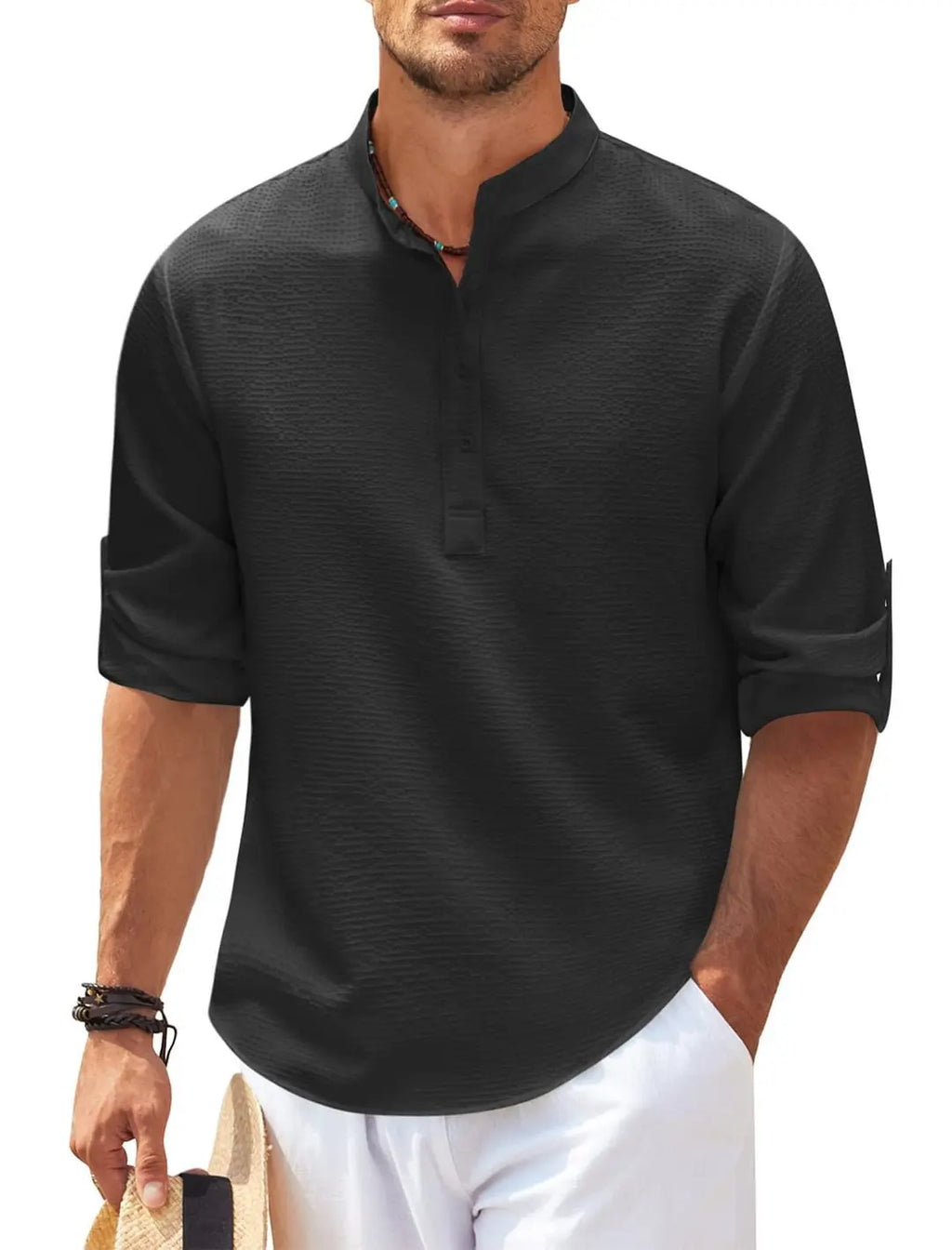 Spring Summer Men's Cotton Linen Polo Shirts Casual Long Sleeve