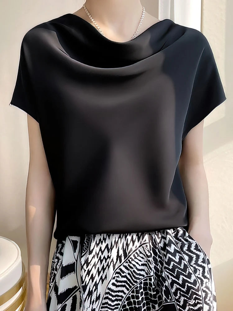 Luxury Elegant Summer Satin Silk Blouse Women Short Sleeve Casual