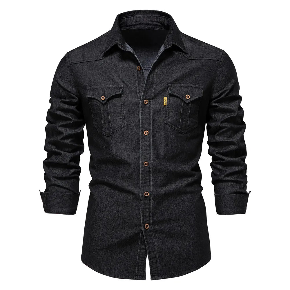 AIOPESON Brand Elastic Cotton Denim Shirt Men Long Sleeve Quality