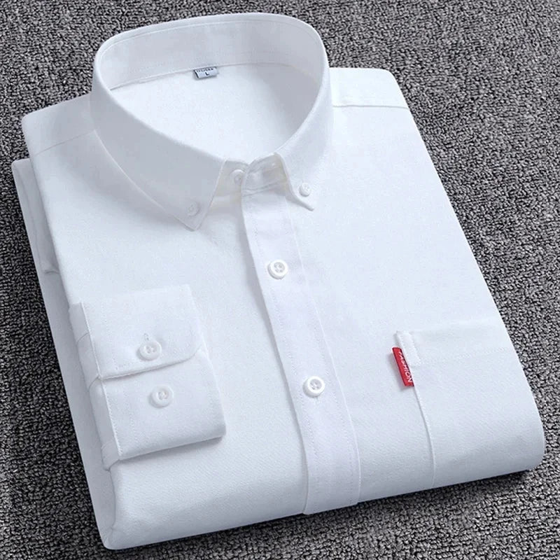 5XL Men's Oxford Long Sleeve Shirts 100% Cotton Solid Color Turn Down