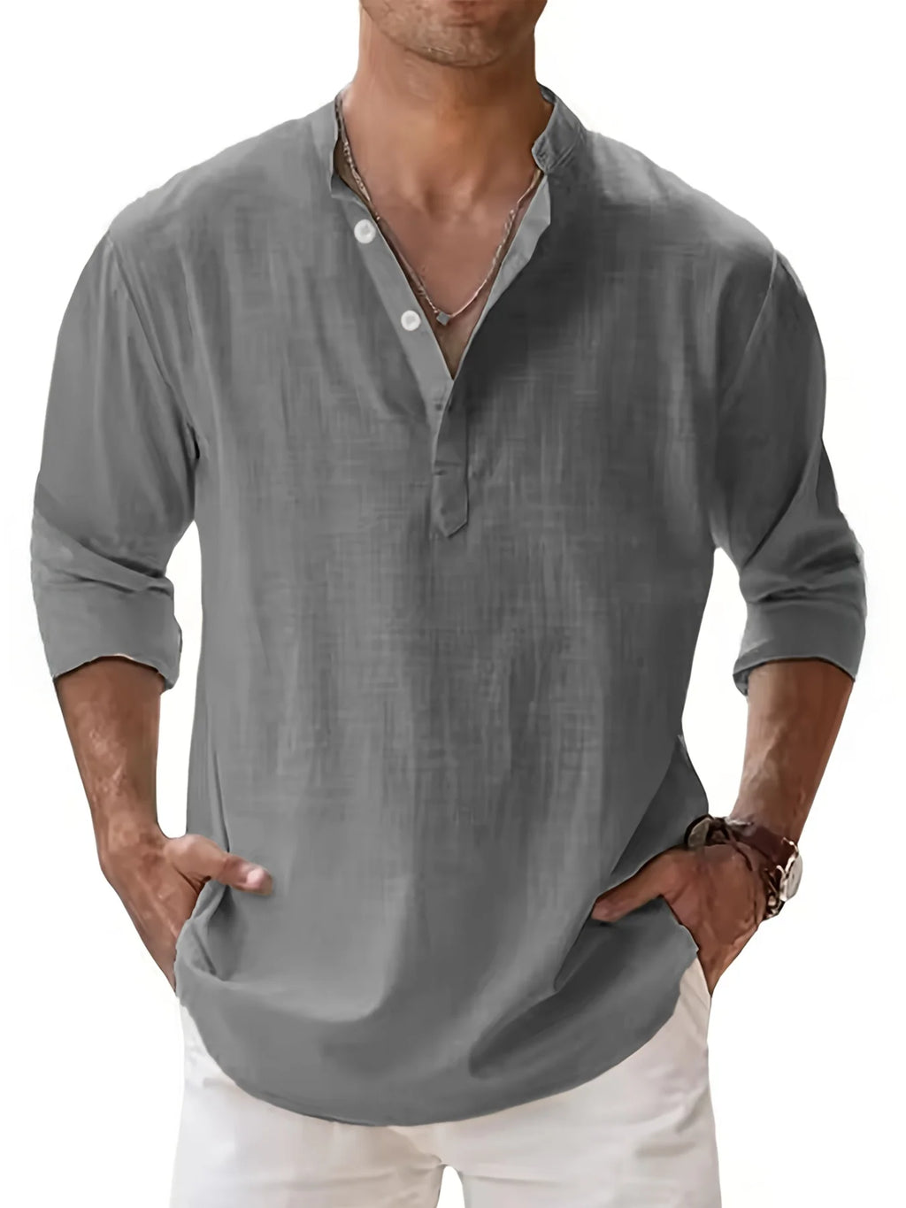 Men's Linen Blend Henley Neck Long Sleeve Shirt, Breathable Partial