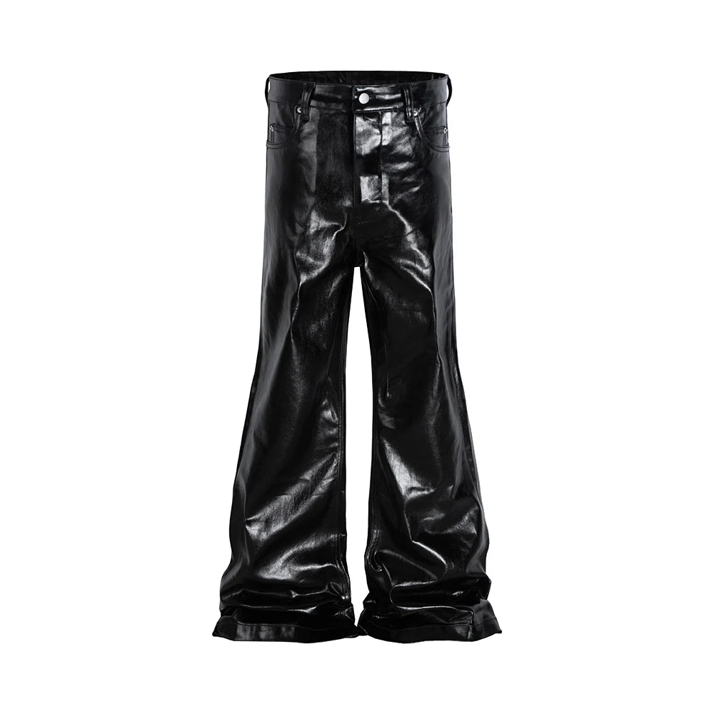 High Street Wide Leg Glossy Pu Leather Pants Sashes Boot Cut Men and