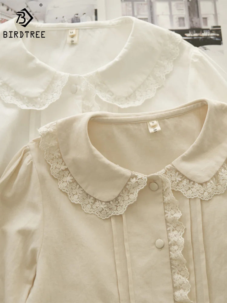 New Autumn 100% Cotton White Shirts Women Solid Cute Tops Girl Peter