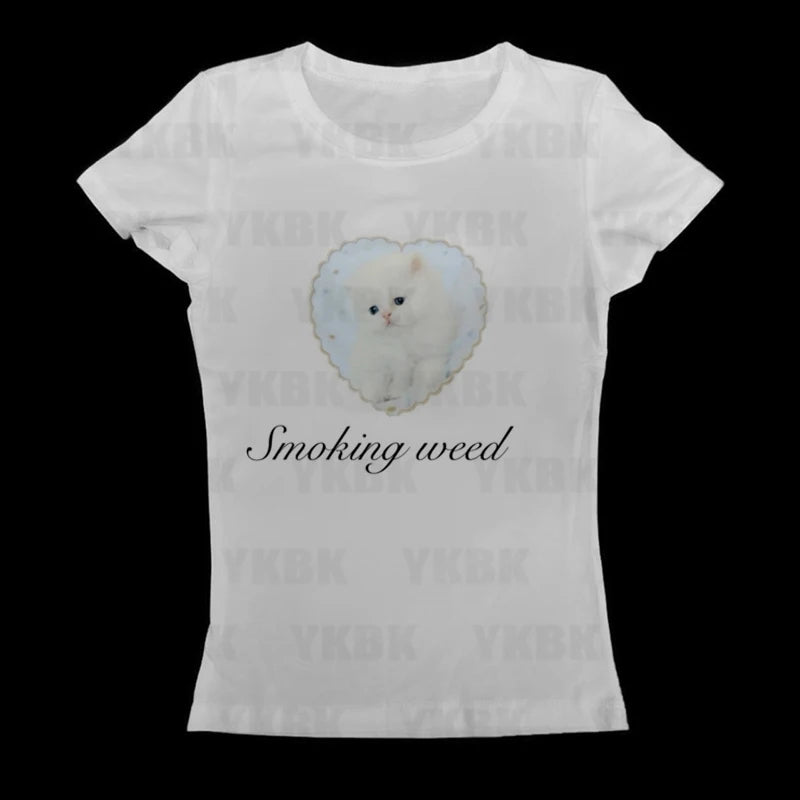 Y2k T-shir Kitty Cat Print Women Clothing Gothic Emo Cropped Harajuku