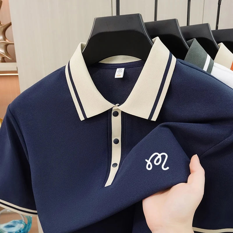 New High End Men's Brand Lapel Polo Shirt Summer Exquisite Print Short