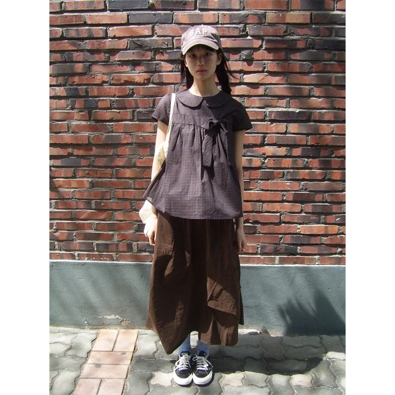Vintage Plaid Shirts Women Japanese Harajuku Bow Peter Pan Collar