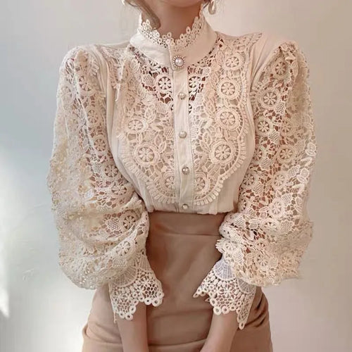 Vintage Solid White Lace Blouse Shirts Women New Korean Button Loose
