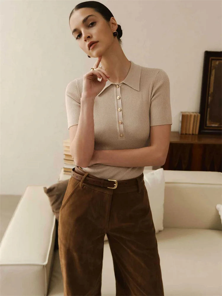 Tossy Knit Sweater Pullover For Women Lapel Ribbed Short Sleeve