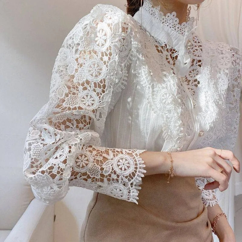 Vintage Solid White Lace Blouse Shirts Women New Korean Button Loose
